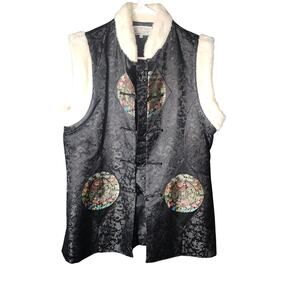 Black Loop Button Longline Faux Fur Asian Oriental Vest Sz 42 EUC
